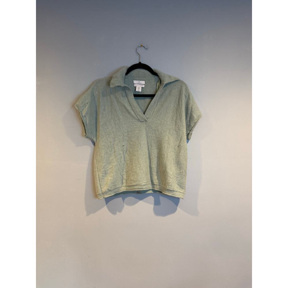 Halston 100% Cashmere Collared Short Sleeve Sweater Top M Light Sage Green